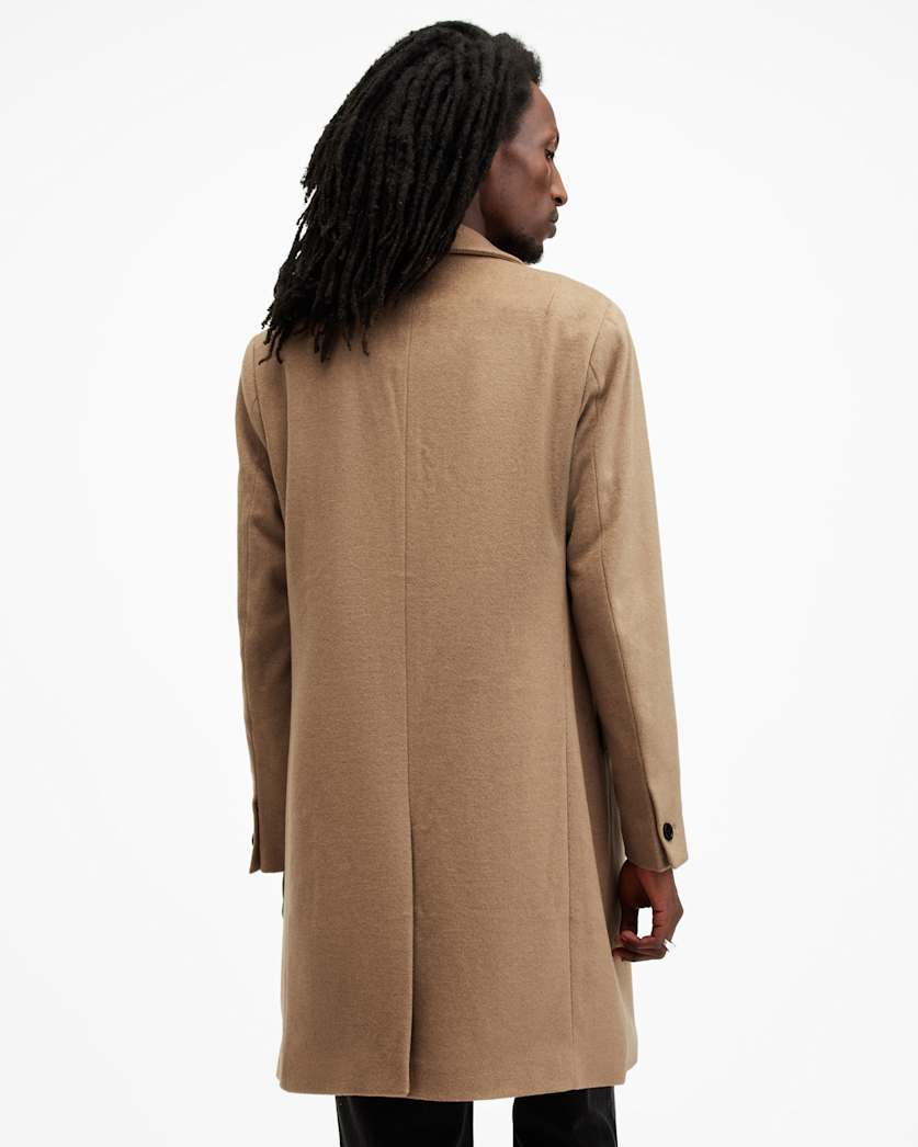 AllSaints Hal Single Breasted Wool Blend Coat Camel Brown