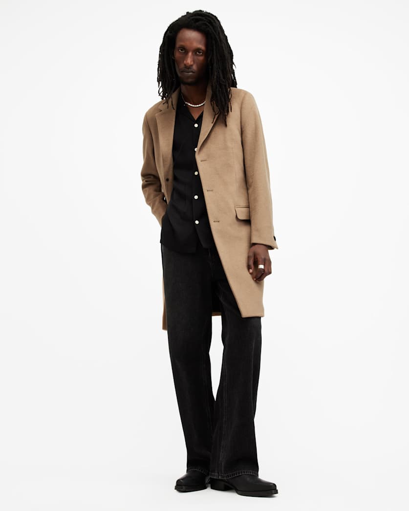 AllSaints Hal Single Breasted Wool Blend Coat Camel Brown