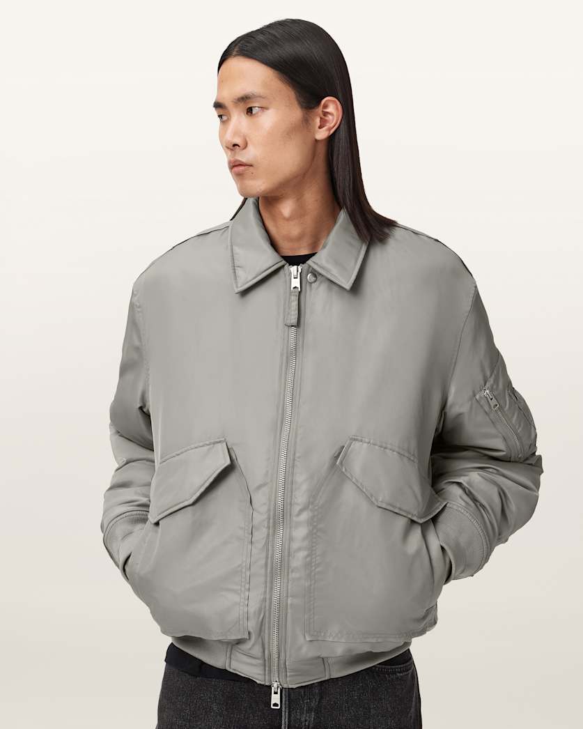 AllSaints Camber Oversized Bomber Jacket Warm Grey