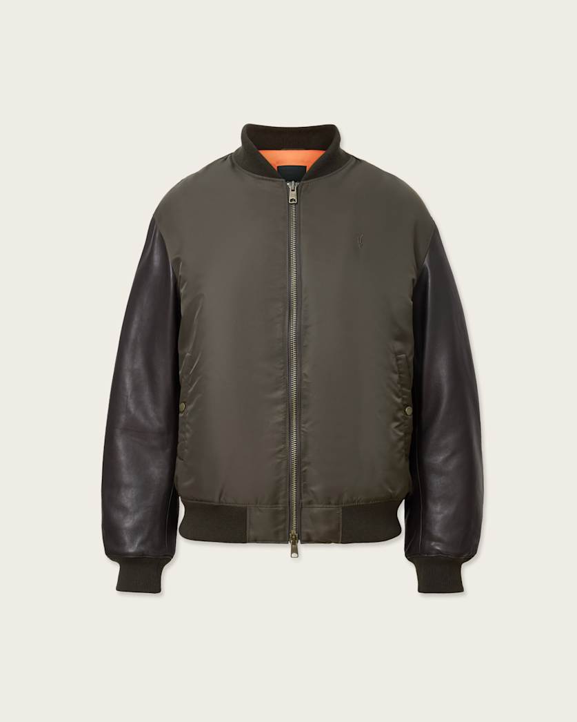 AllSaints Myler Ramskull Leather Bomber Jacket Khaki