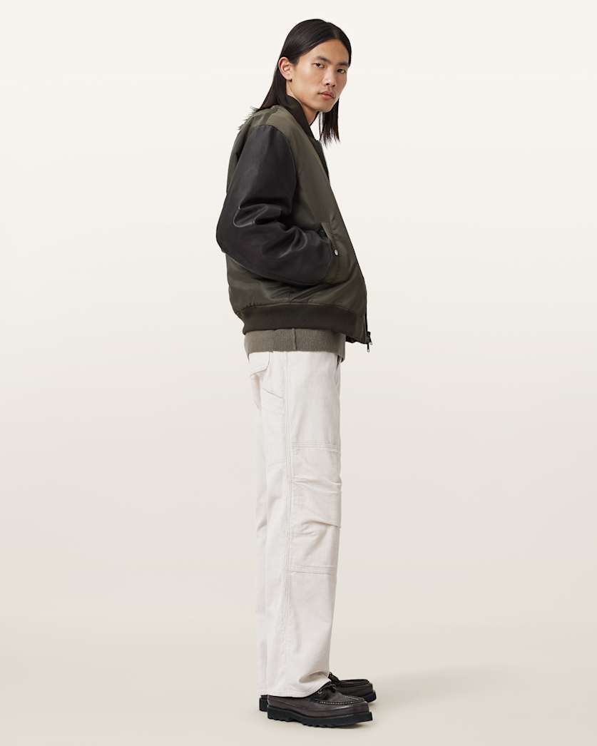AllSaints Myler Ramskull Leather Bomber Jacket Khaki