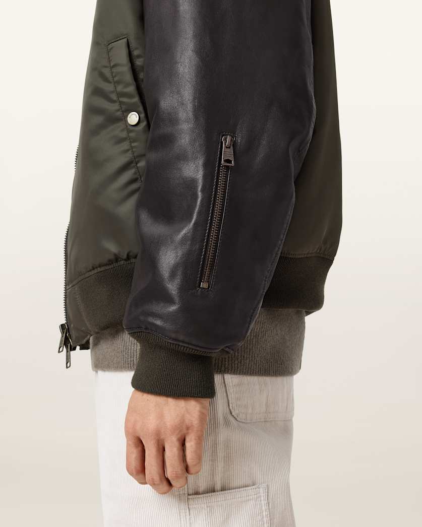 AllSaints Myler Ramskull Leather Bomber Jacket Khaki