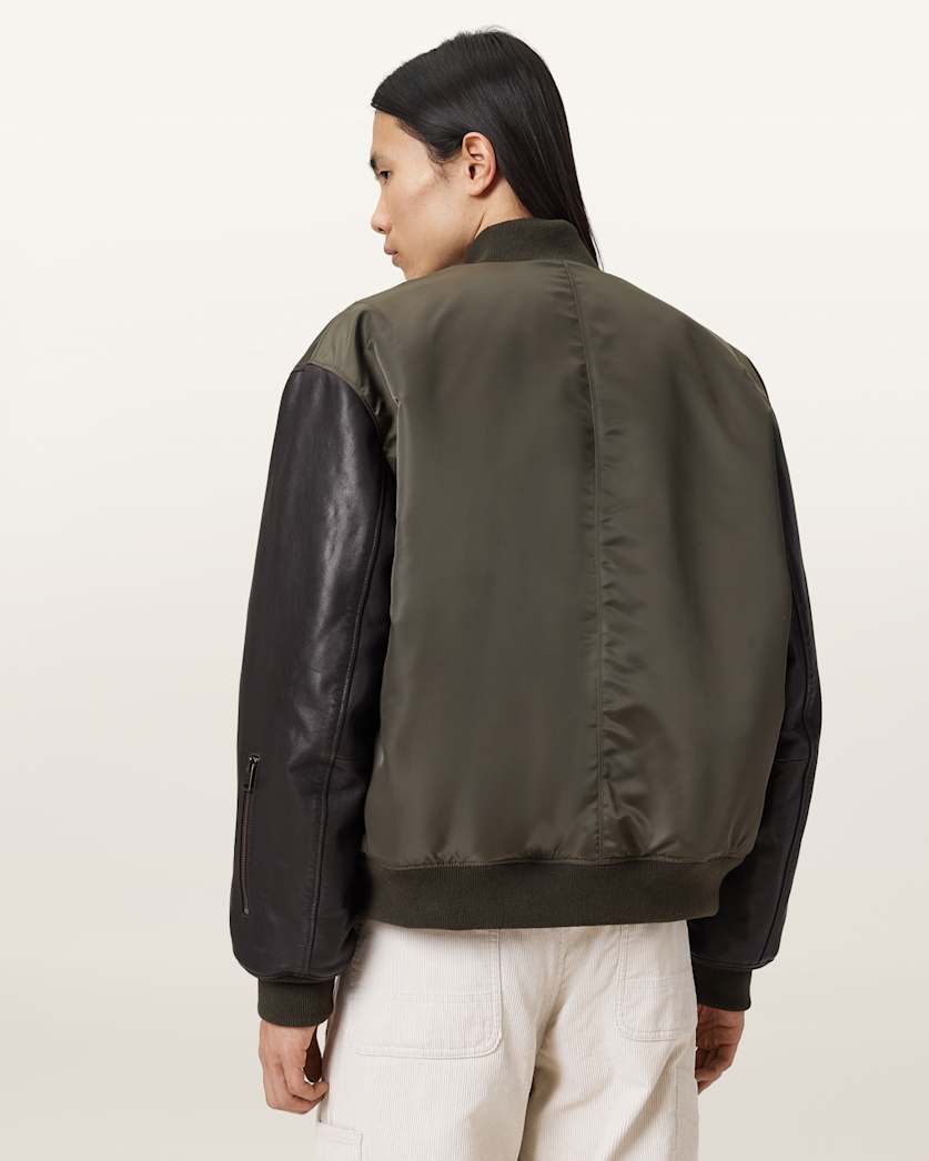 AllSaints Myler Ramskull Leather Bomber Jacket Khaki