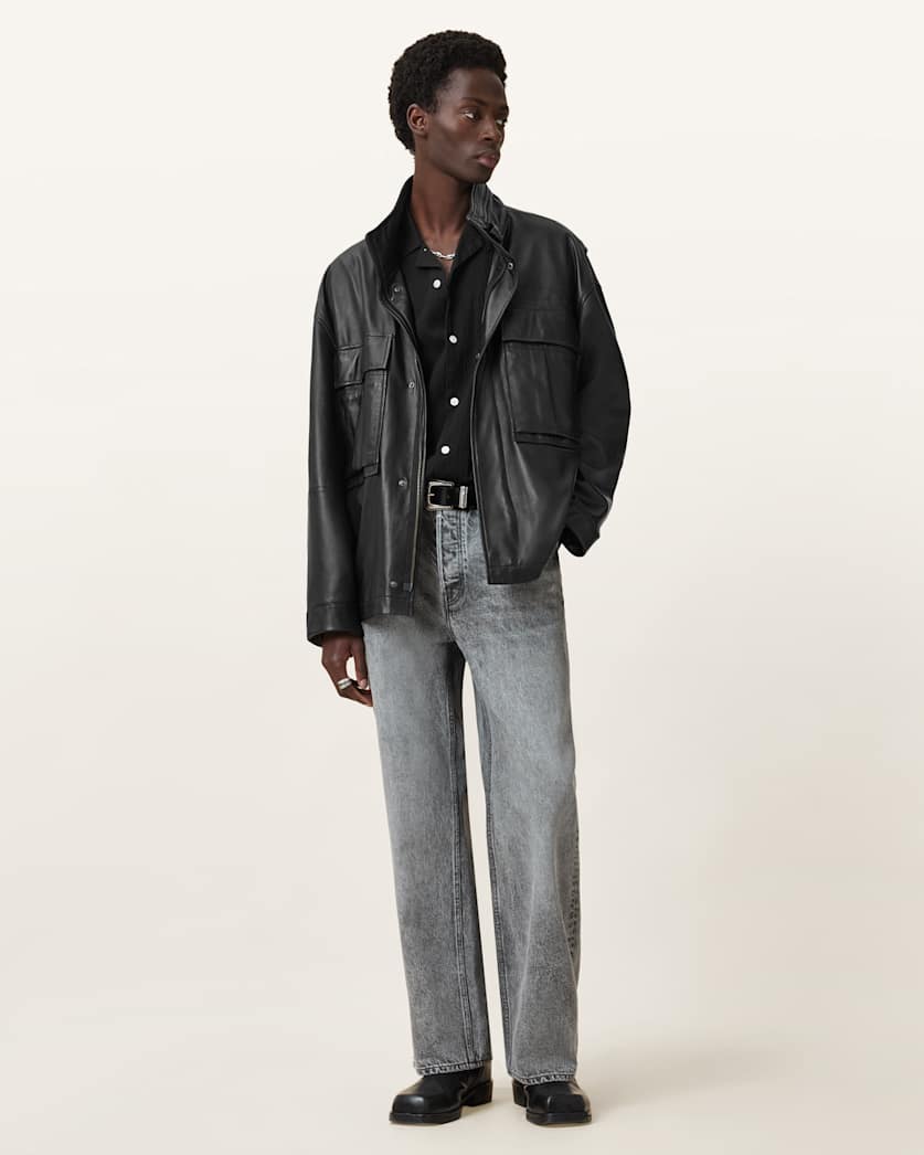 AllSaints Halton Funnel Collar Leather Jacket Black