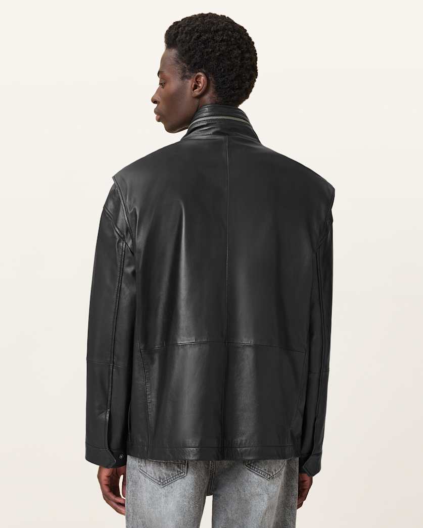 AllSaints Halton Funnel Collar Leather Jacket Black