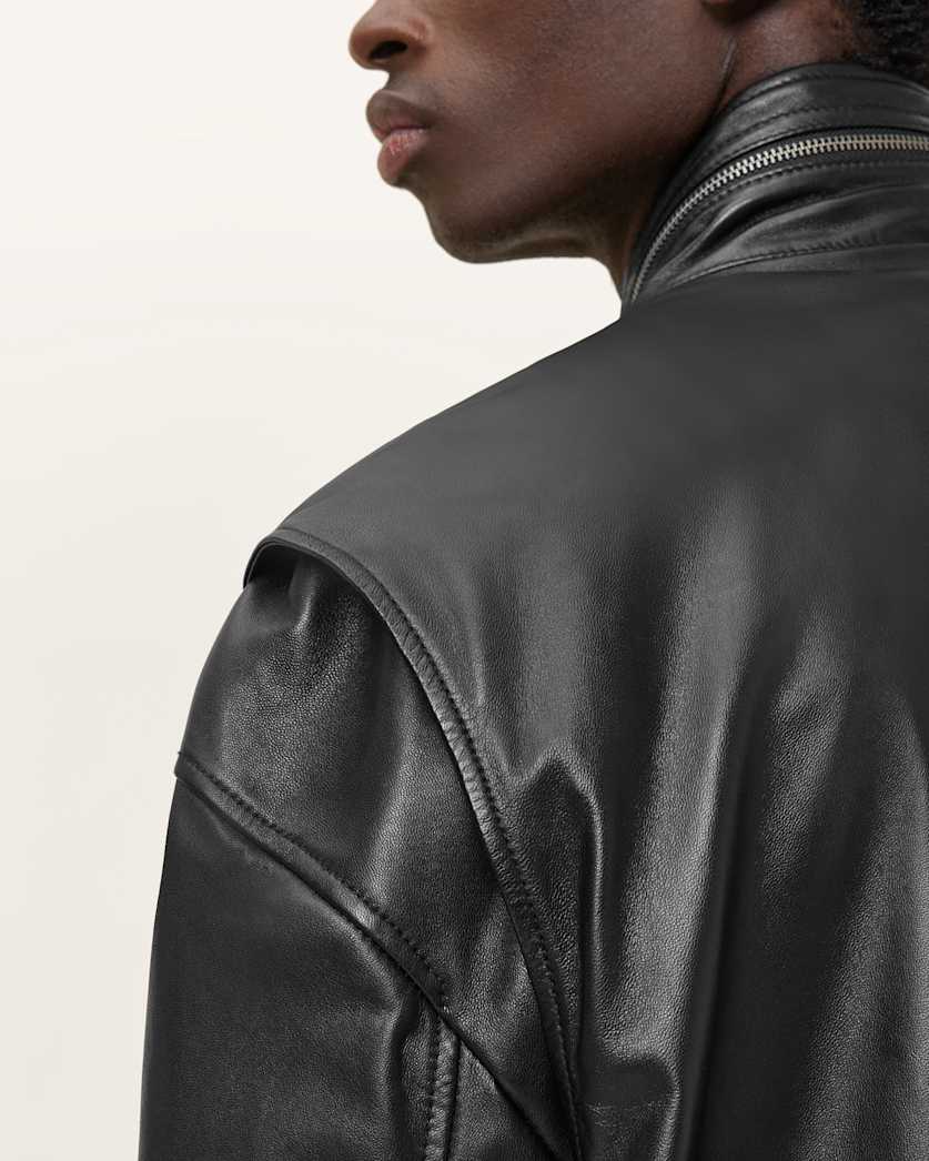 AllSaints Halton Funnel Collar Leather Jacket Black