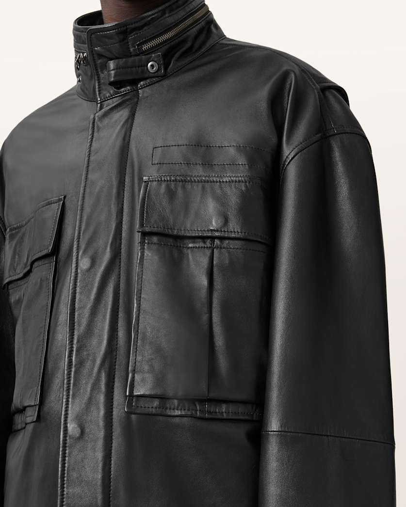 AllSaints Halton Funnel Collar Leather Jacket Black