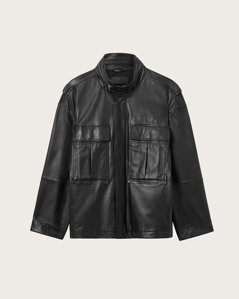 AllSaints Halton Funnel Collar Leather Jacket Black