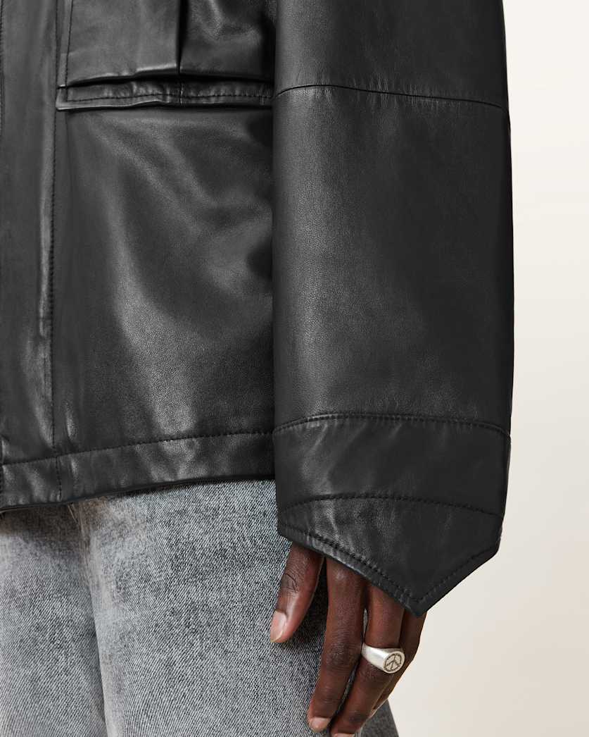 AllSaints Halton Funnel Collar Leather Jacket Black