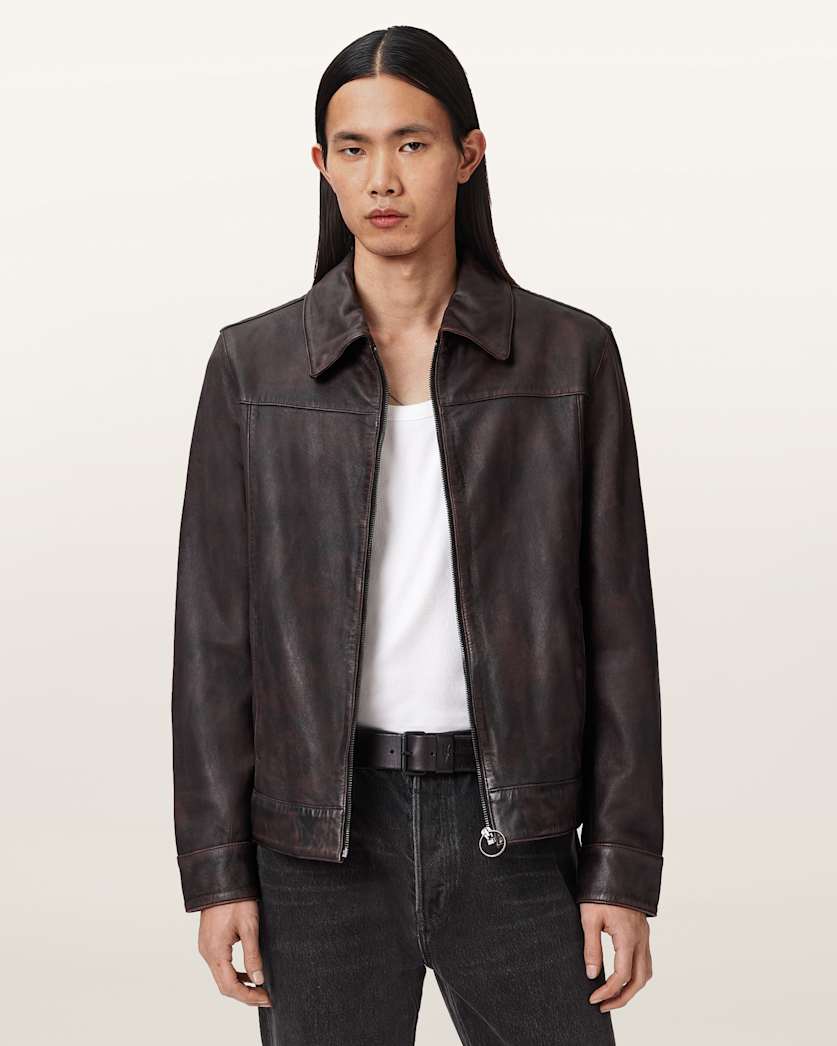 AllSaints Alkan Zip Up Two Tone Leather Jacket Oxblood Red