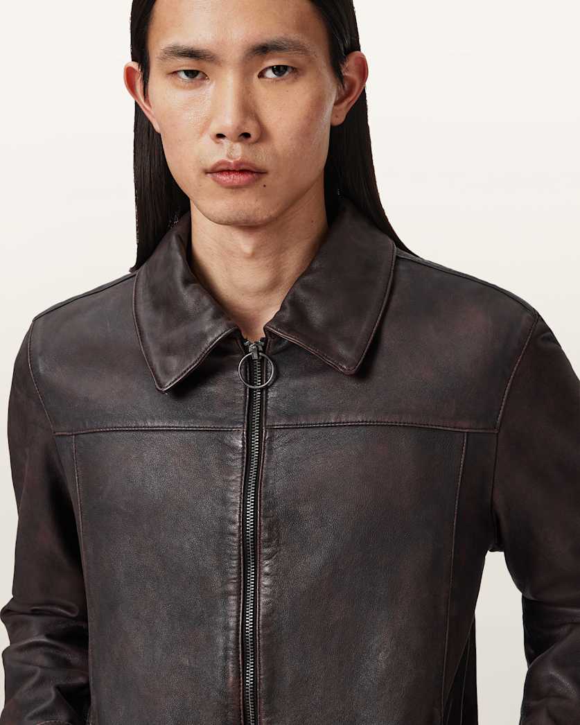 AllSaints Alkan Zip Up Two Tone Leather Jacket Oxblood Red