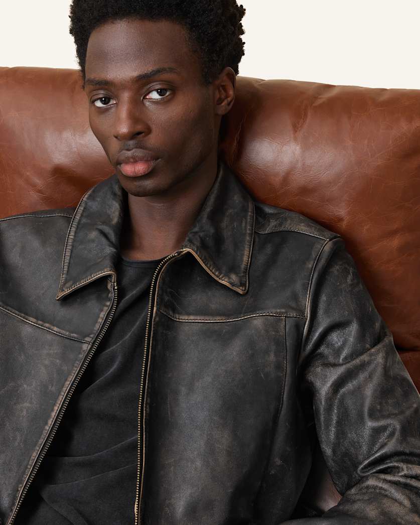 AllSaints Alkan Zip Up Two Tone Leather Jacket Oxblood Red