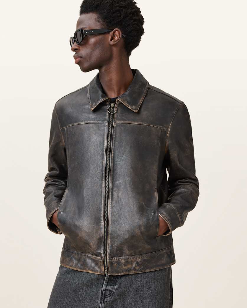 AllSaints Alkan Zip Up Two Tone Leather Jacket Oxblood Red