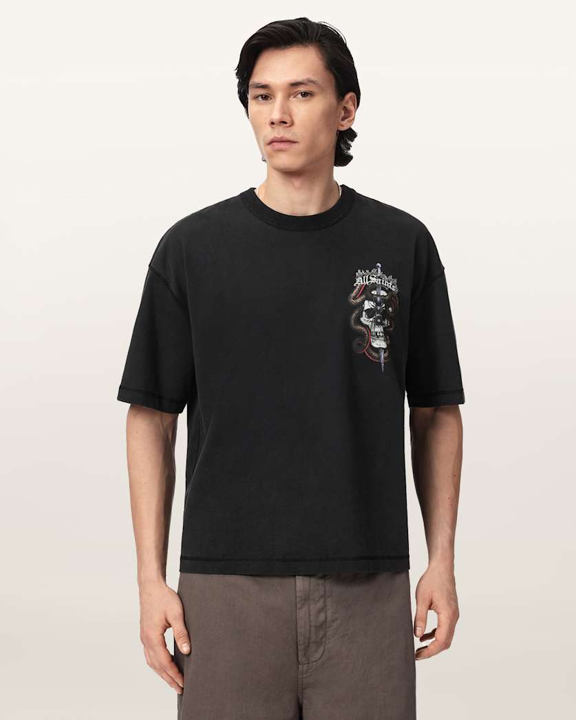 AllSaints Araknid Short Sleeve Boxy Graphic T Shirt Washed Black