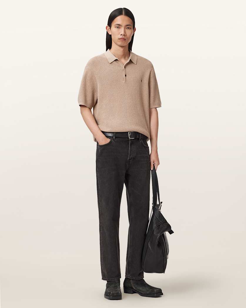 AllSaints Aspen Waffle Texture Ramskull Polo Shirt Moon Grey