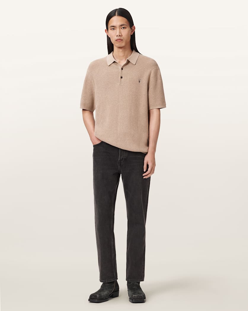 AllSaints Aspen Waffle Texture Ramskull Polo Shirt Moon Grey