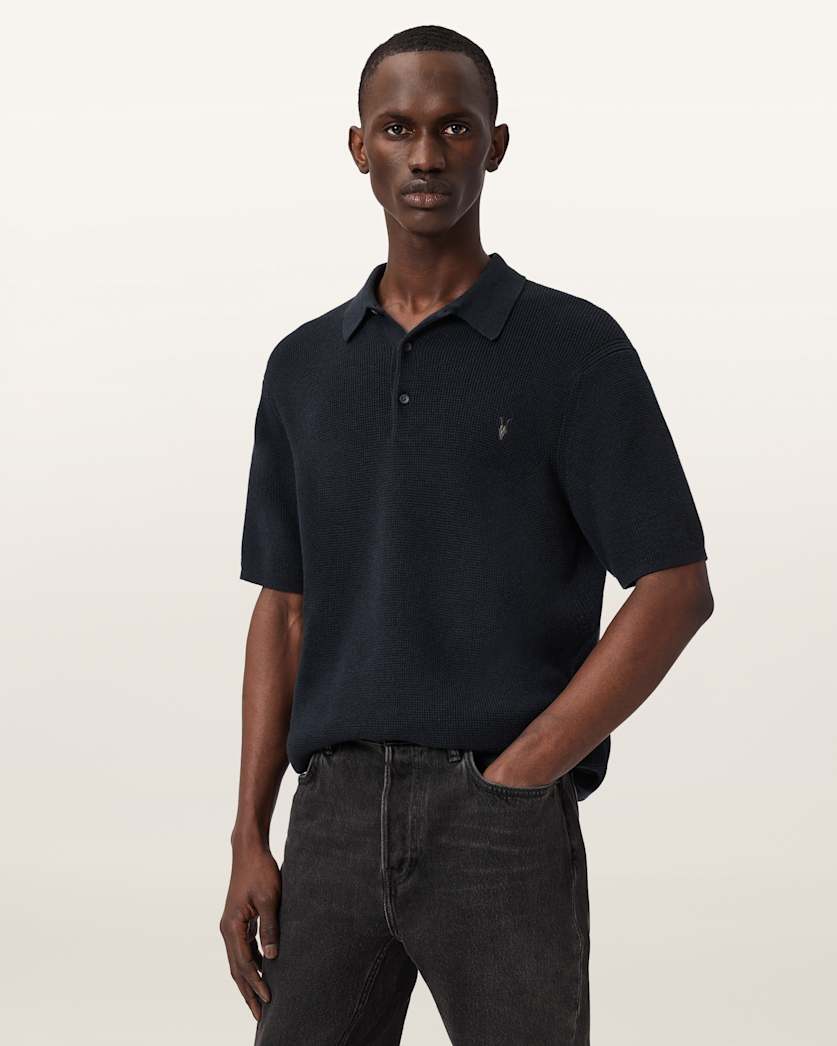 AllSaints Aspen Waffle Texture Ramskull Polo Shirt Moon Grey