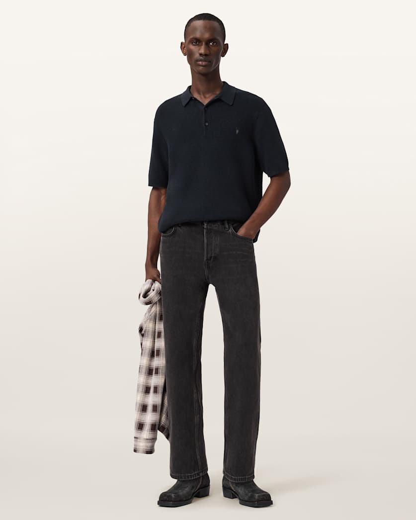 AllSaints Aspen Waffle Texture Ramskull Polo Shirt Moon Grey