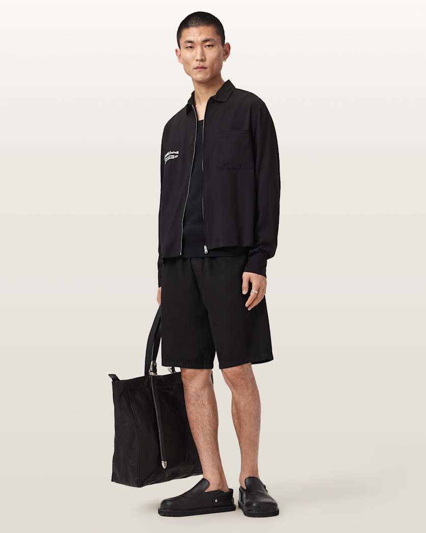 AllSaints Hanbury Linen Blend Relaxed Fit Shorts Jet Black
