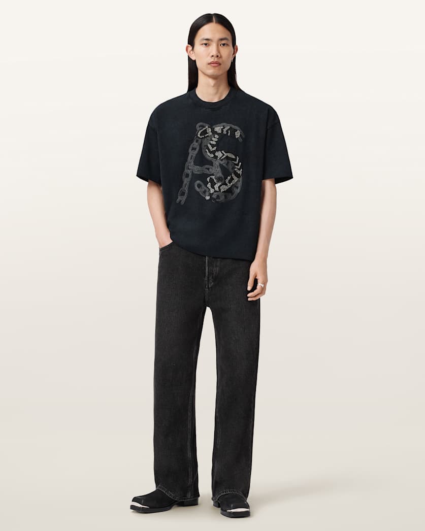 AllSaints Scale Cropped Graphic T Shirt Washed Black