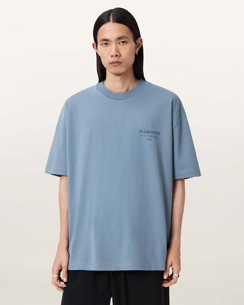 AllSaints Xander Flocked Logo Oversized T Shirt Coastline Blue