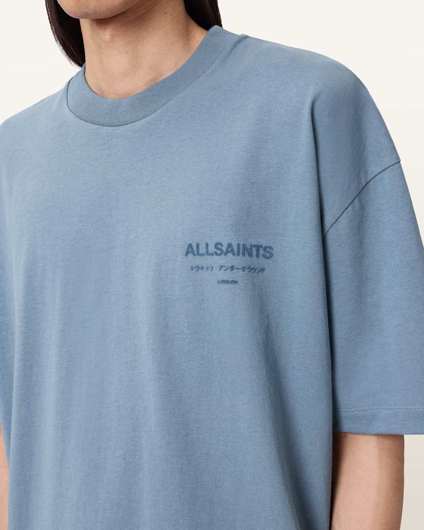 AllSaints Xander Flocked Logo Oversized T Shirt Coastline Blue