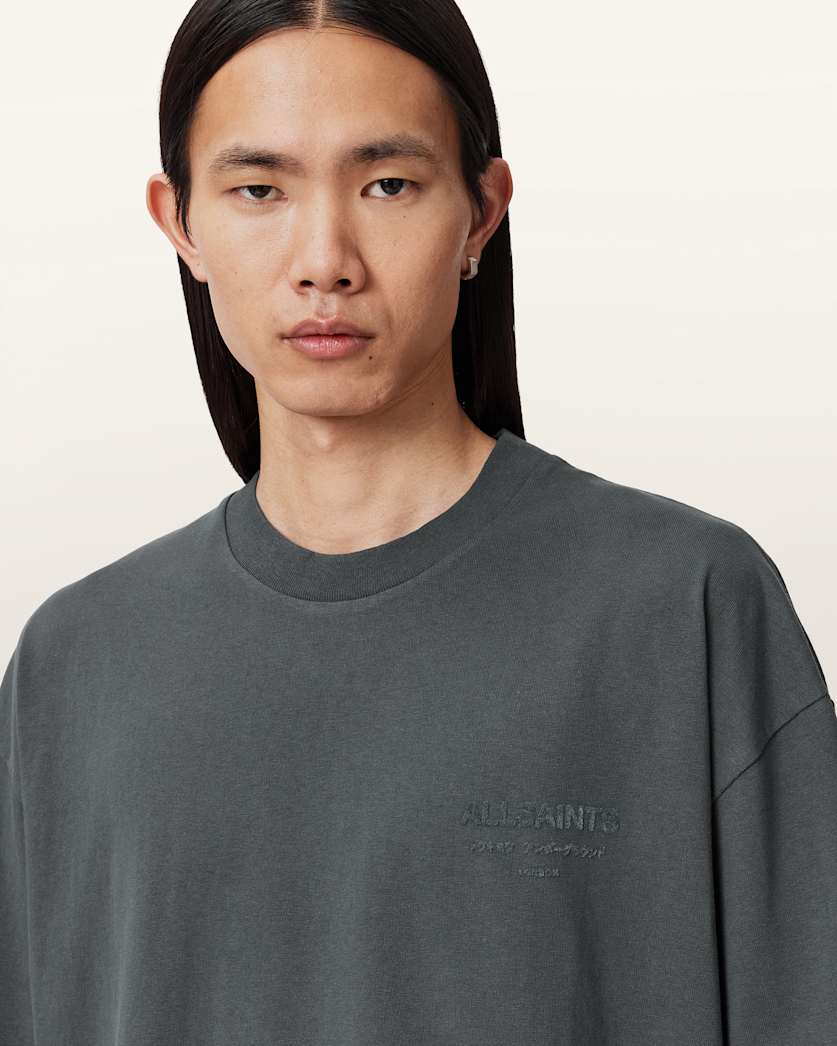 AllSaints Xander Flocked Logo Oversized T Shirt Coastline Blue