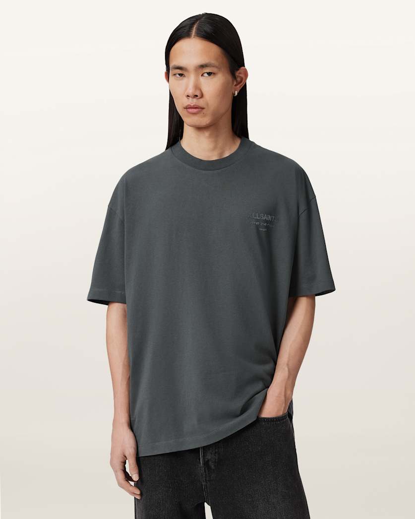 AllSaints Xander Flocked Logo Oversized T Shirt Coastline Blue