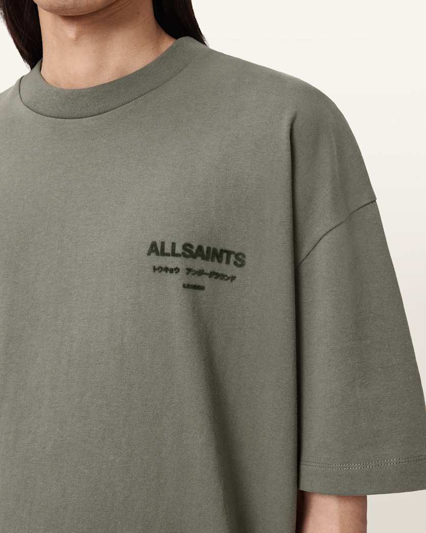 AllSaints Xander Flocked Logo Oversized T Shirt Coastline Blue