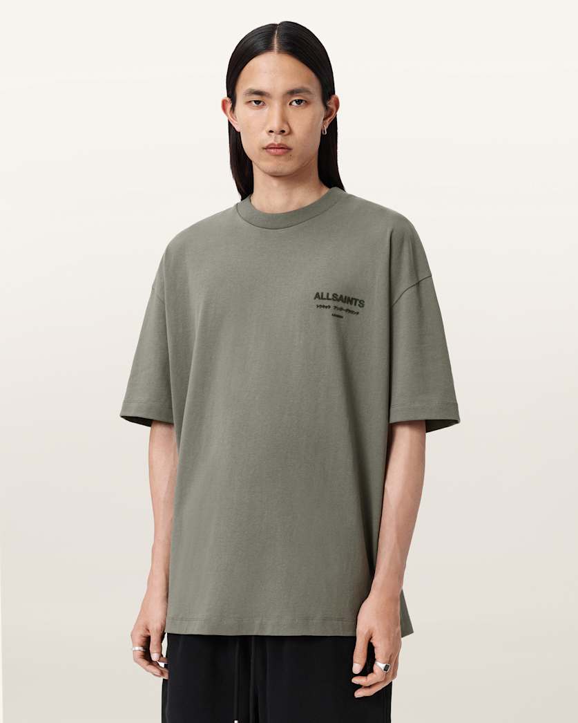 AllSaints Xander Flocked Logo Oversized T Shirt Coastline Blue