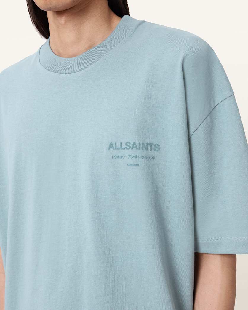 AllSaints Xander Flocked Logo Oversized T Shirt Coastline Blue