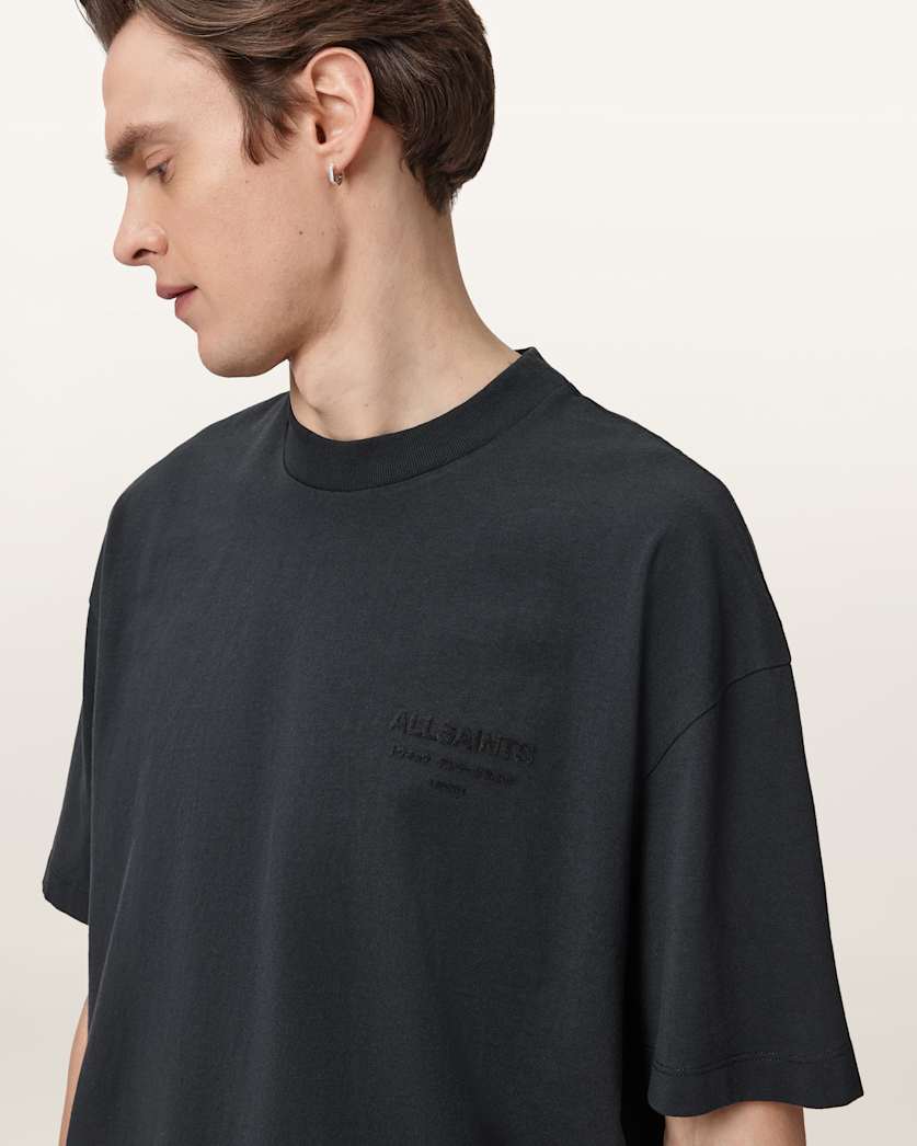 AllSaints Xander Flocked Logo Oversized T Shirt Coastline Blue