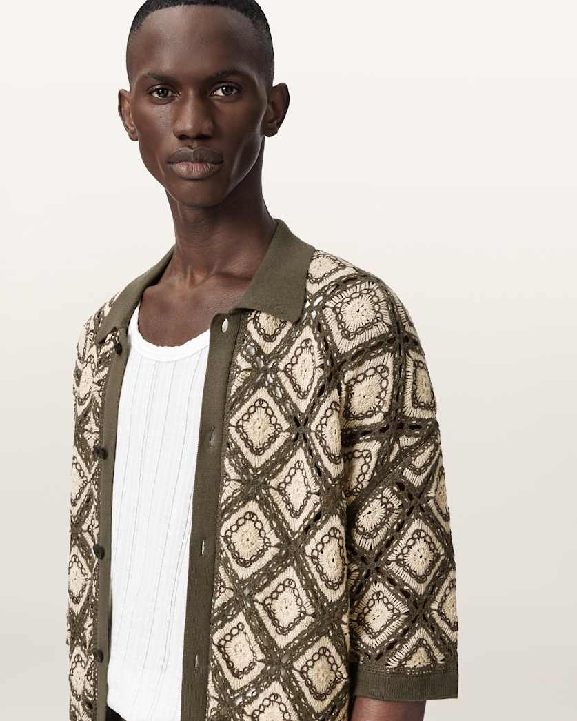 AllSaints Morena Short Sleeve Collared Cardigan Pitch Green