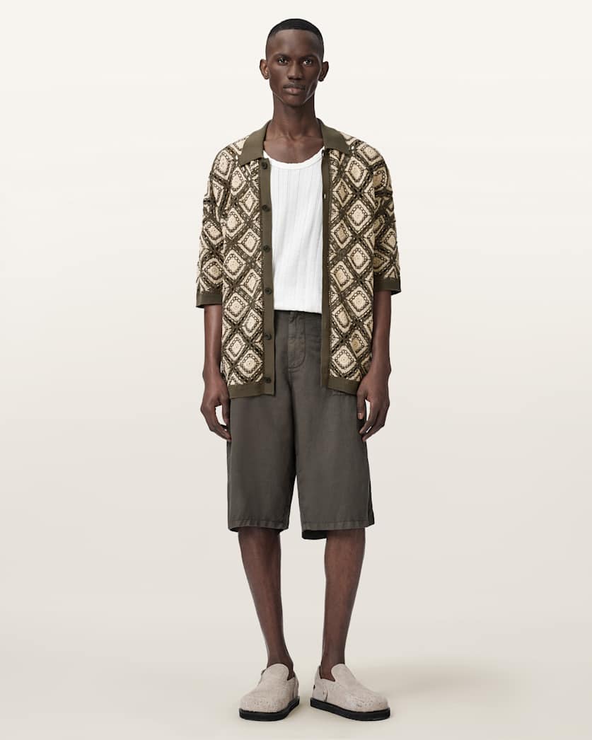 AllSaints Morena Short Sleeve Collared Cardigan Pitch Green