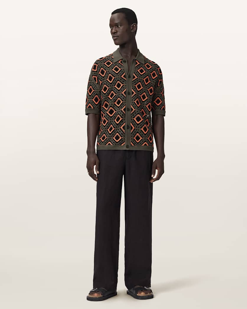 AllSaints Morena Short Sleeve Collared Cardigan Pitch Green