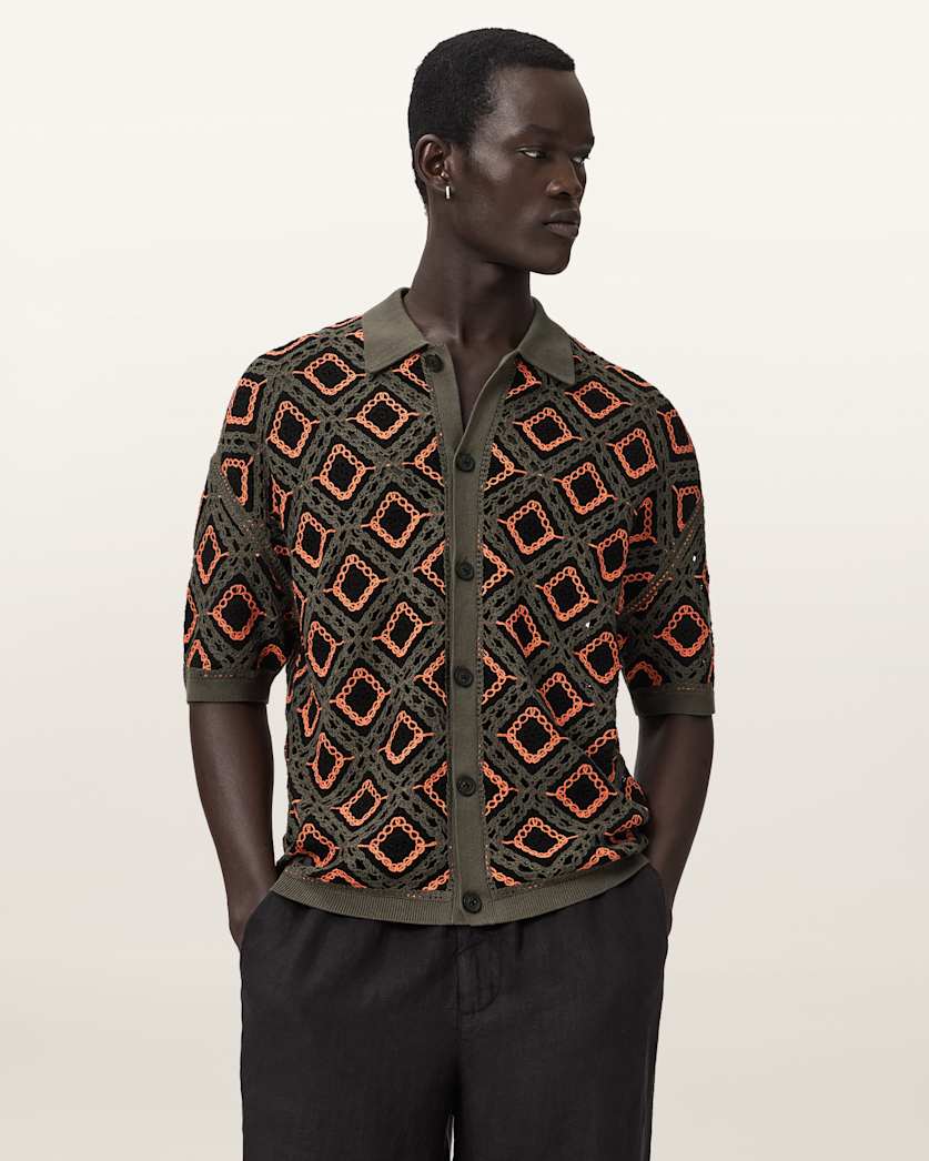 AllSaints Morena Short Sleeve Collared Cardigan Pitch Green