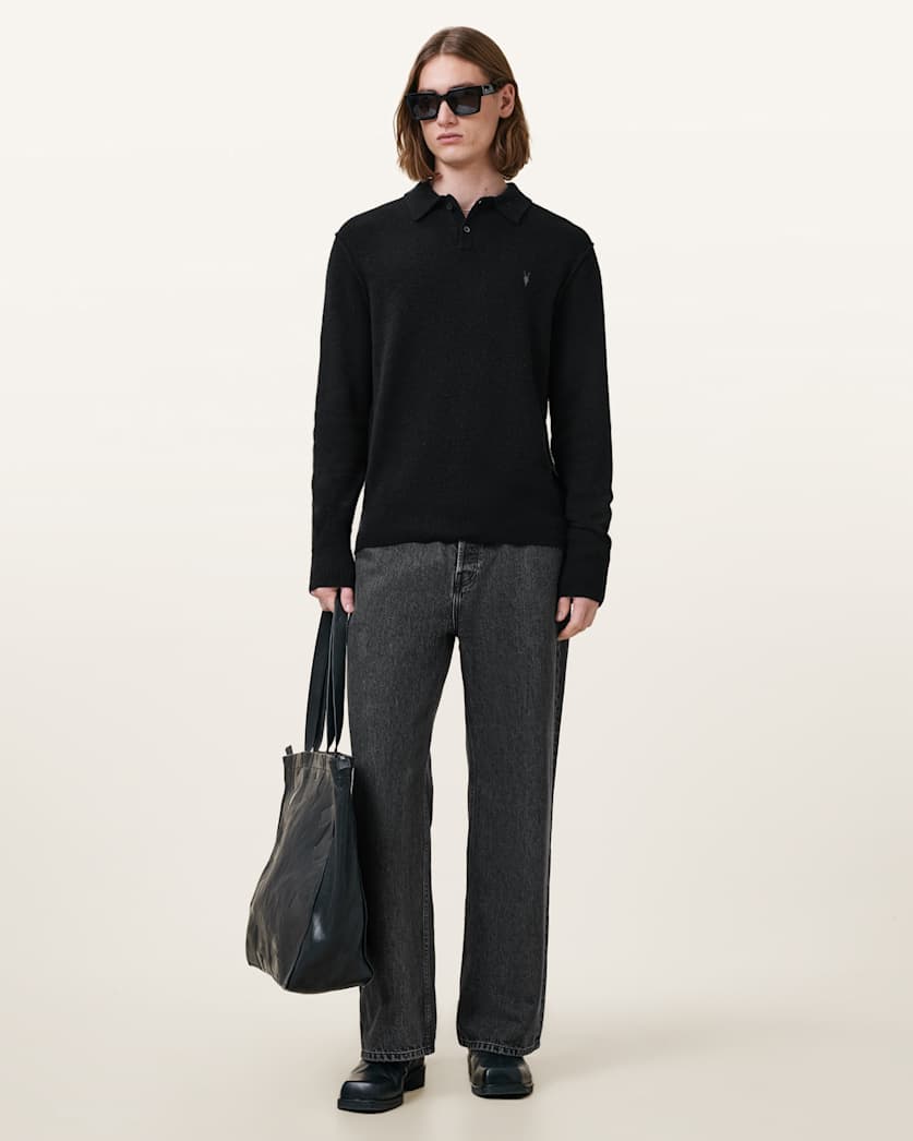 AllSaints Statten Long Sleeve Ramskull Polo Sweater Black