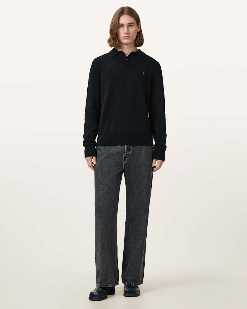 AllSaints Statten Long Sleeve Ramskull Polo Sweater Black