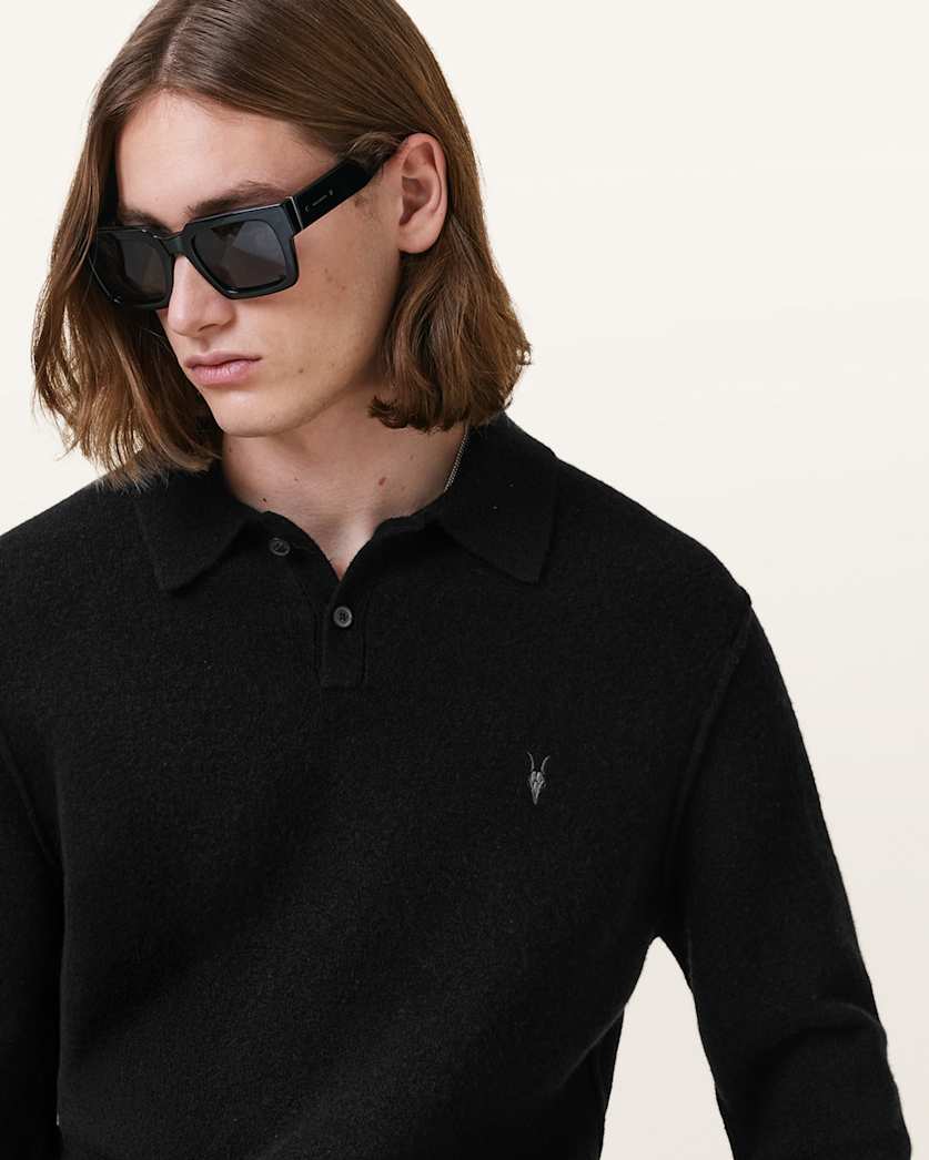 AllSaints Statten Long Sleeve Ramskull Polo Sweater Black