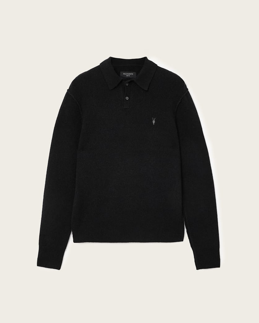 AllSaints Statten Long Sleeve Ramskull Polo Sweater Black