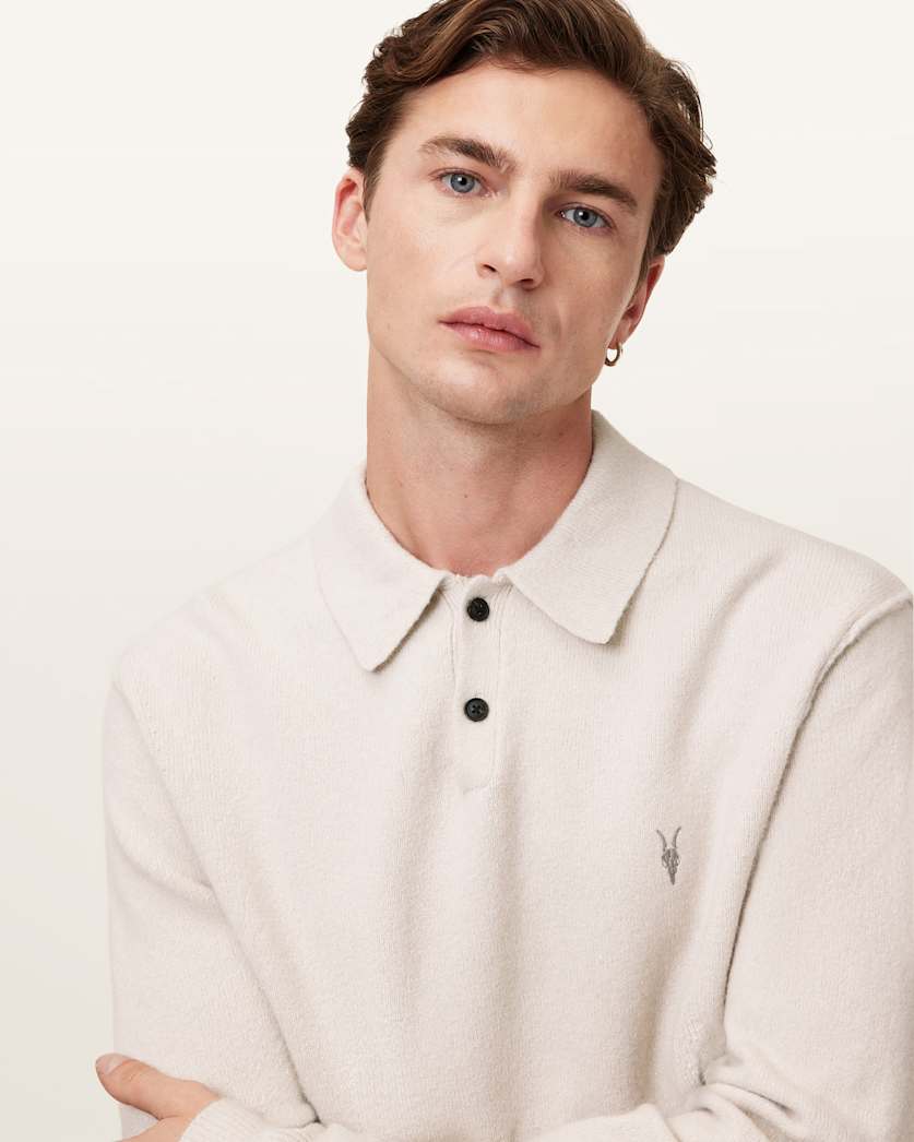 AllSaints Statten Long Sleeve Ramskull Polo Sweater Black