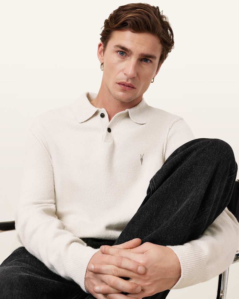 AllSaints Statten Long Sleeve Ramskull Polo Sweater Black
