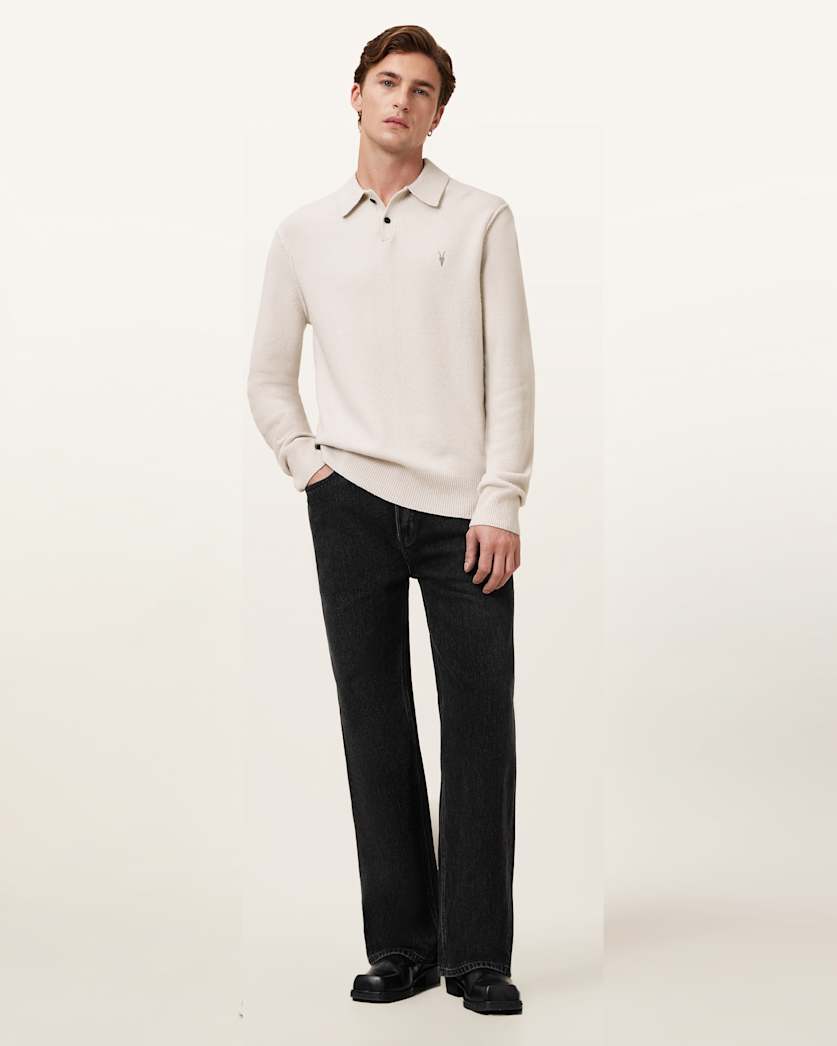 AllSaints Statten Long Sleeve Ramskull Polo Sweater Black