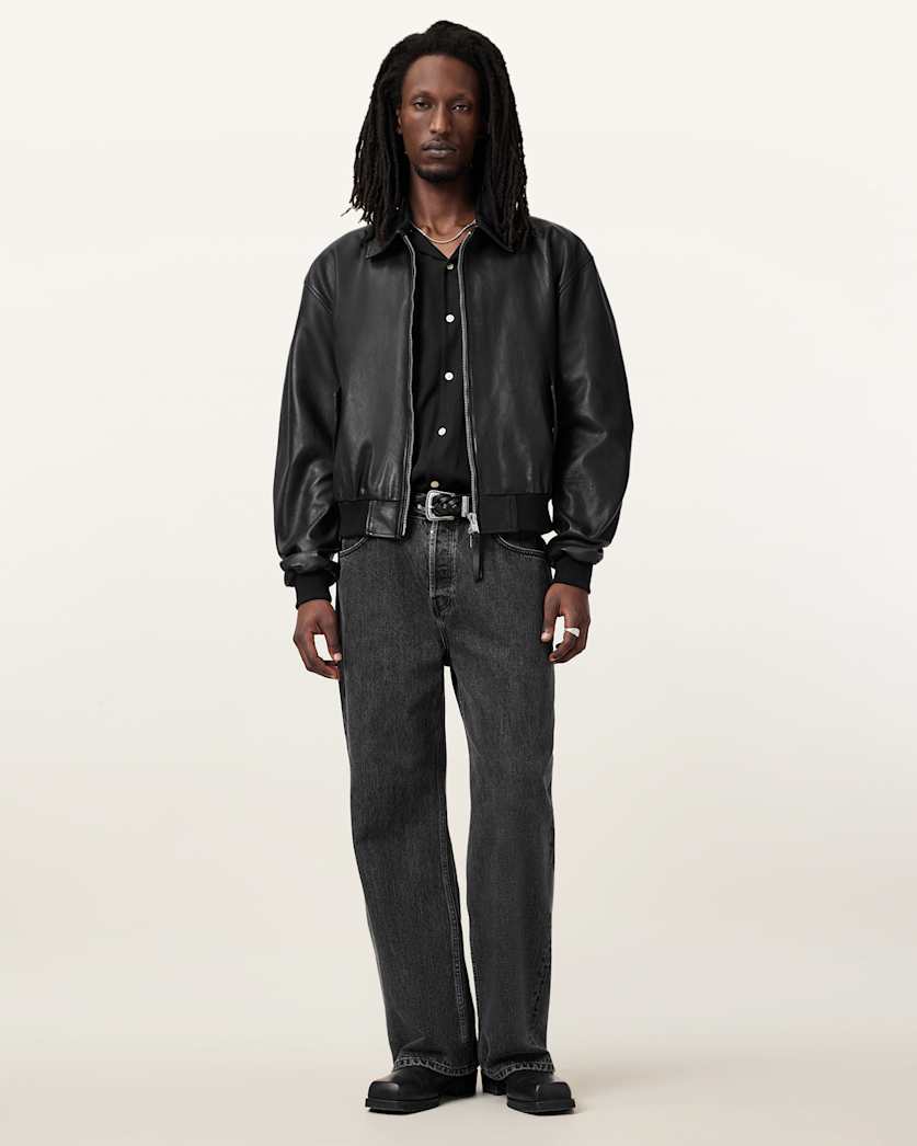 AllSaints Marco Oversized Leather Bomber Jacket Black