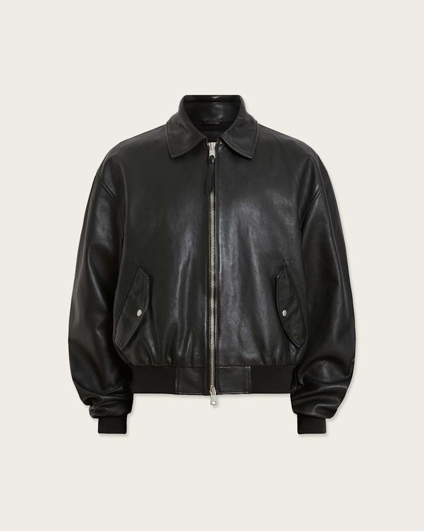 AllSaints Marco Oversized Leather Bomber Jacket Black