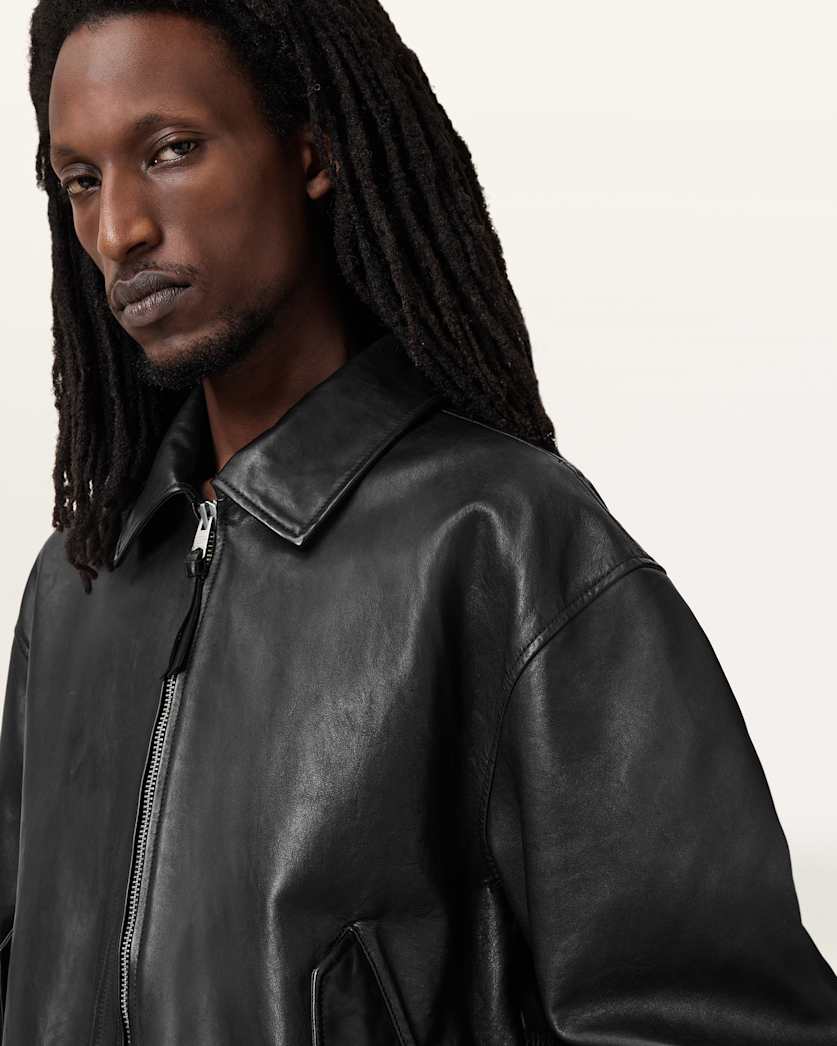 AllSaints Marco Oversized Leather Bomber Jacket Black