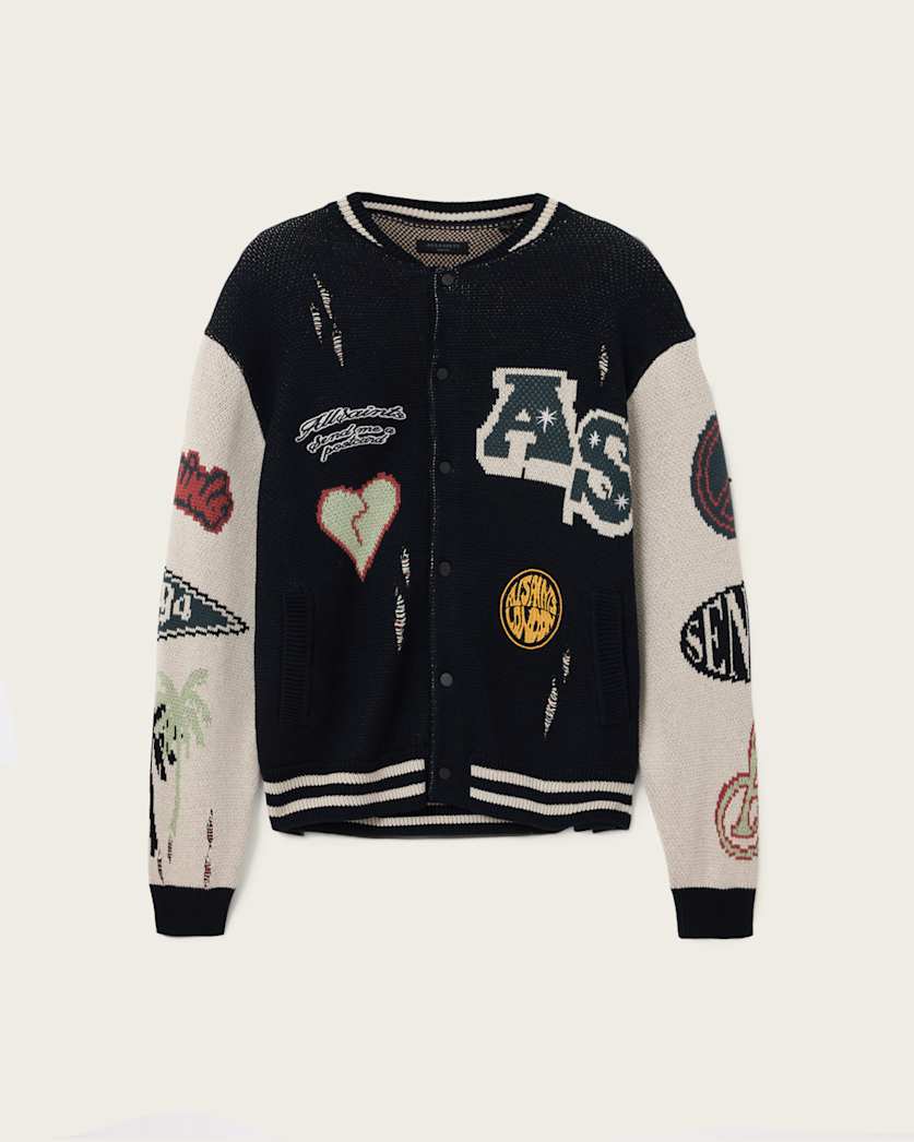 AllSaints Chase Jacquard Knit Cardigan Black/Ecru White