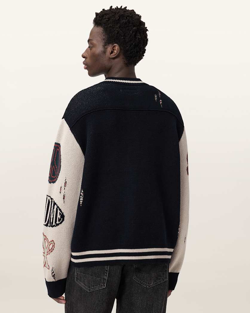 AllSaints Chase Jacquard Knit Cardigan Black/Ecru White