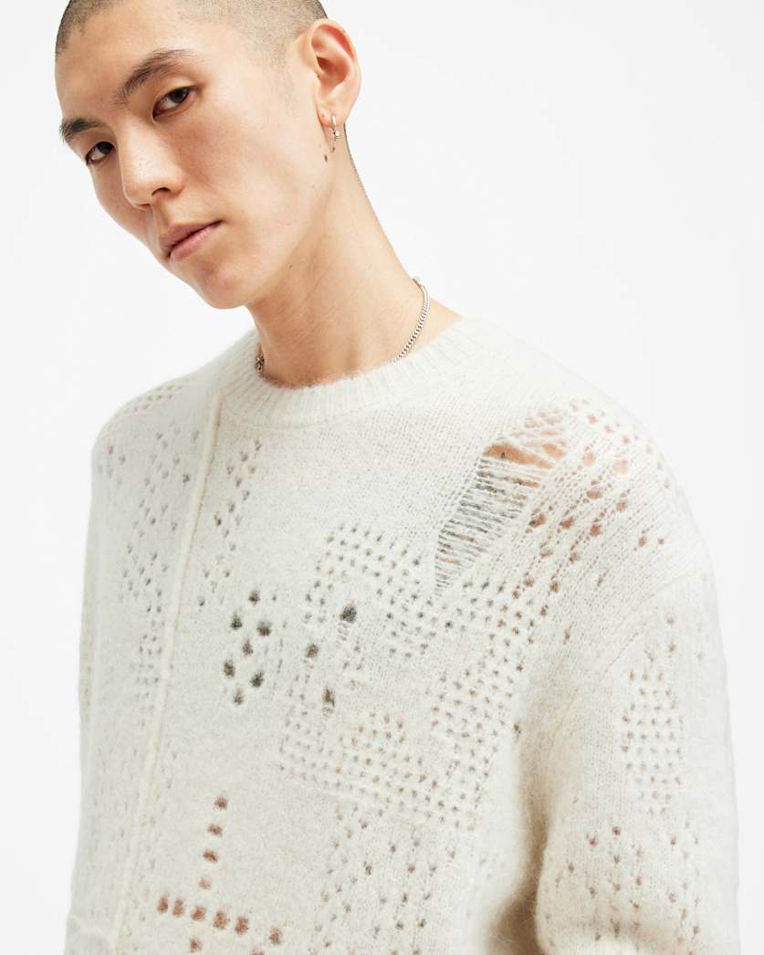 AllSaints Hadwin Distressed Crew Neck Sweater Ecru White