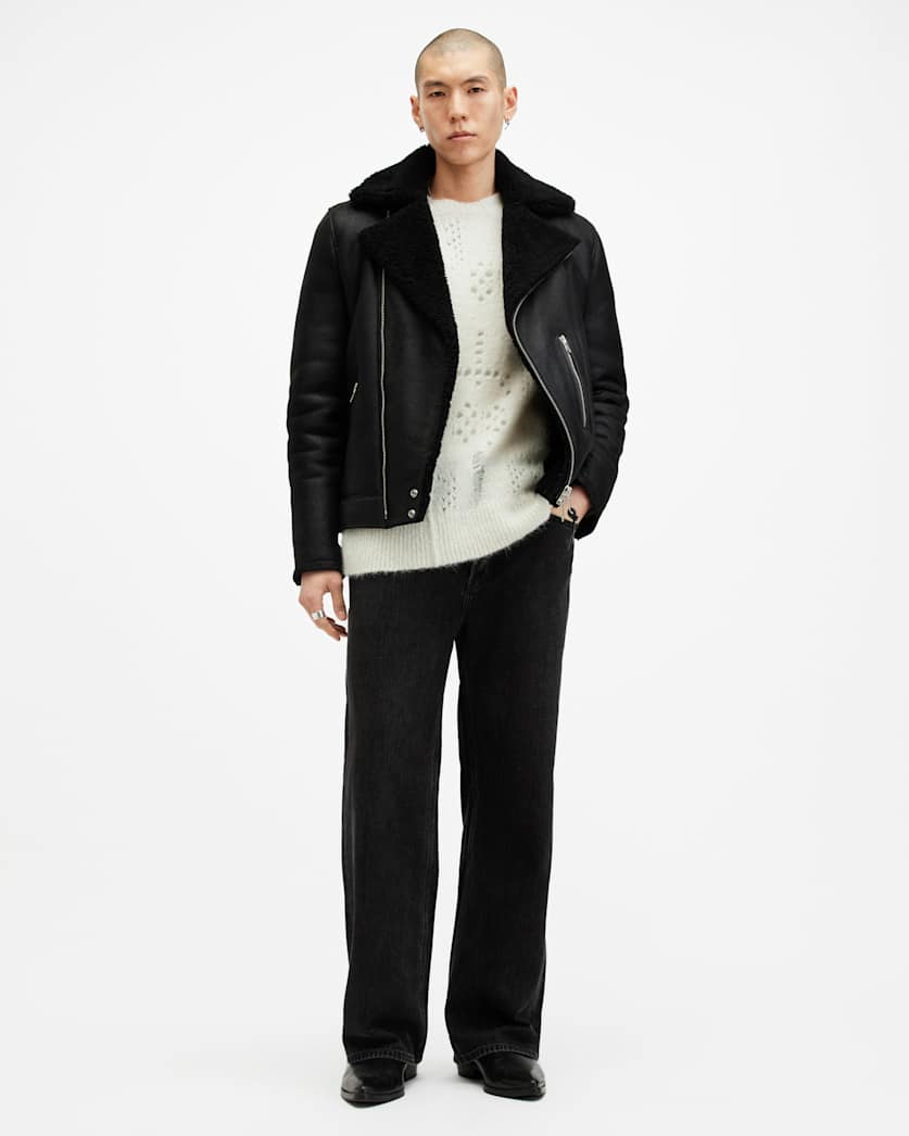 AllSaints Hadwin Distressed Crew Neck Sweater Ecru White